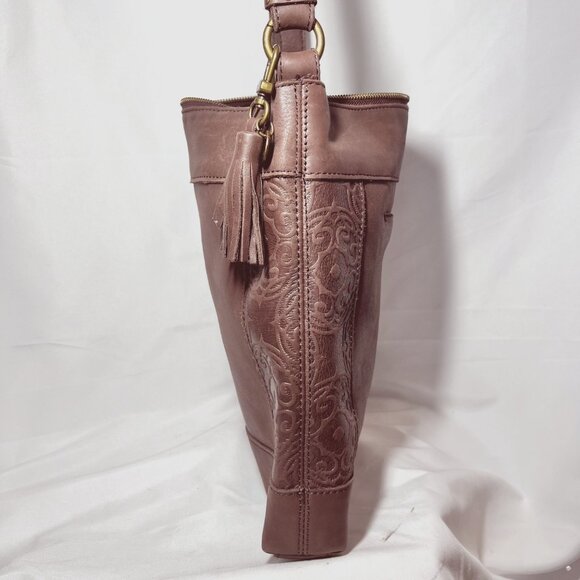 The Sak Collection-Brown Leather Embossed Floral Sides-Black/Pink inside-Phone - Picture 8 of 15